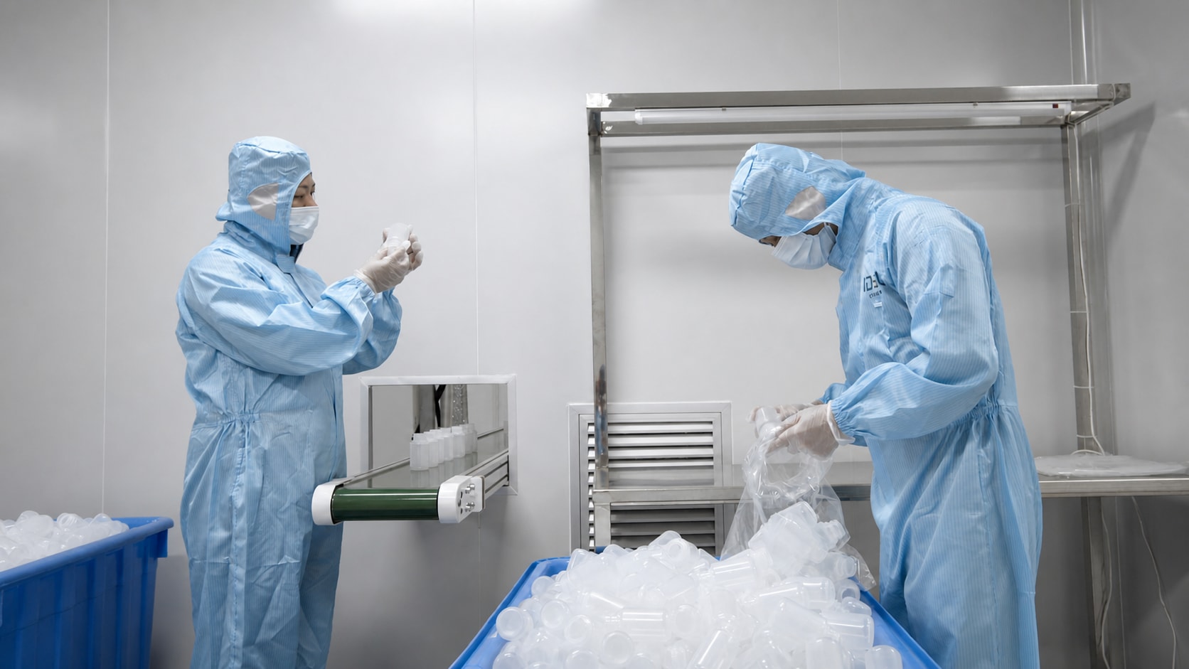 Cleanroomteam inspecteert en ordent geproduceerde containers